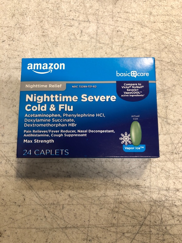 Photo 2 of Amazon Basic Care Nighttime Severe Cold and Flu Coated Caplets, Temporarily Relieves Symptoms Like Runny Nose and Sneezing, Vapor Ice, 24 Count (EXP 03/2024)