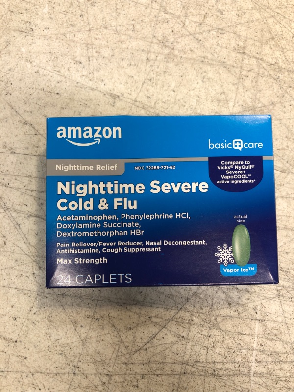 Photo 2 of Amazon Basic Care Nighttime Severe Cold and Flu Coated Caplets, Temporarily Relieves Symptoms Like Runny Nose and Sneezing, Vapor Ice, 24 Count (BB 03/2024)