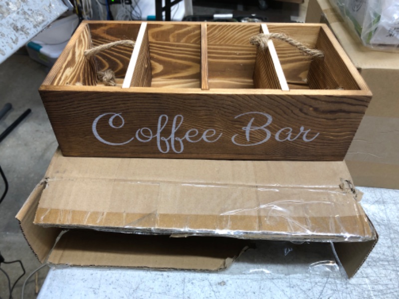 Photo 2 of Coffee Station Organizer - 3 Removable Dividers, Wooden Coffee Bar Accessories Storage Container For Countertop, Farmhouse Kcup Coffee Pod Holder Basket With Handle For Coffee Lover