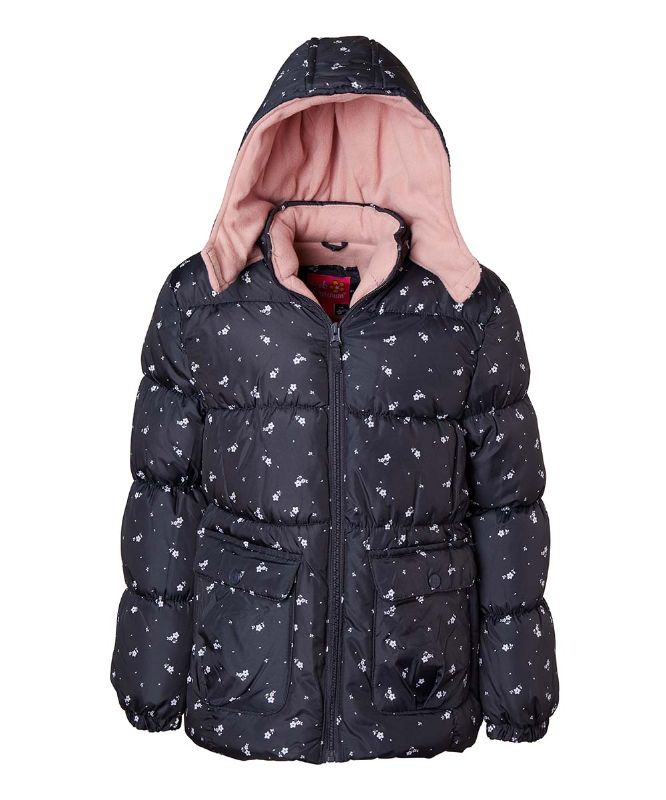 Photo 1 of Pink Platinum Girls' Puffer Coats EBONY - Ebony Floral Hooded Puffer Coat - Infant, Toddler & Girls
