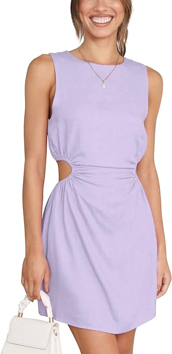 Photo 1 of Flygo Womens Cut Out Waist Dress Sleeveless Casual Sundress Summer Slim Fit Mini Club Party Dresses(Lightpurple-S)
