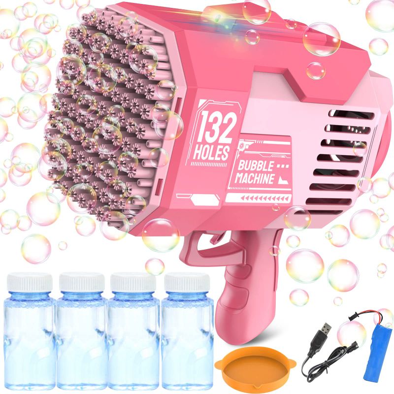 Photo 1 of Bubble Machine Gun Bubble Blower, 132 Hole Bubble Gun Blower with Colorful Light, Big Rocket Boom Bubble Toys, Big Bubble Maker Guns Toys Wedding Outdoor Indoor Birthday Party Favors Gift(Pink)