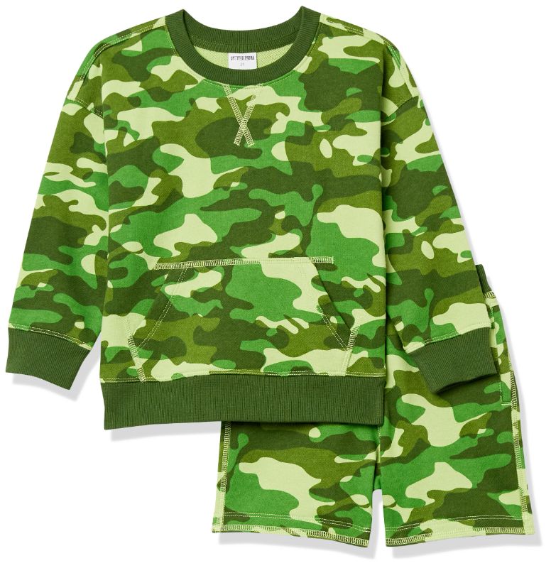 Photo 1 of Amazon Essentials Boys and Toddlers' French Terry Cozy Long-Sleeve Top and Short Set (Previously Spotted Zebra) Medium Green Camo