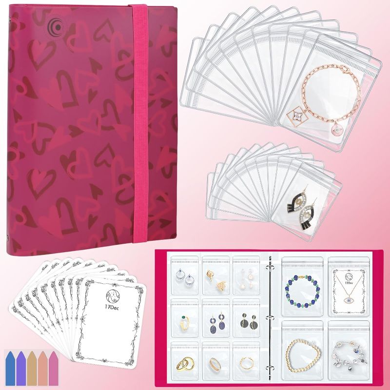 Photo 1 of 17Dec Earring Organizer Case Jewelry Organizer Transparent Jewelry Storage Book with 300 Pockets and 50 PVC Bags for Necklace Bracelet Stud Ring Holder (Pink Heart)
