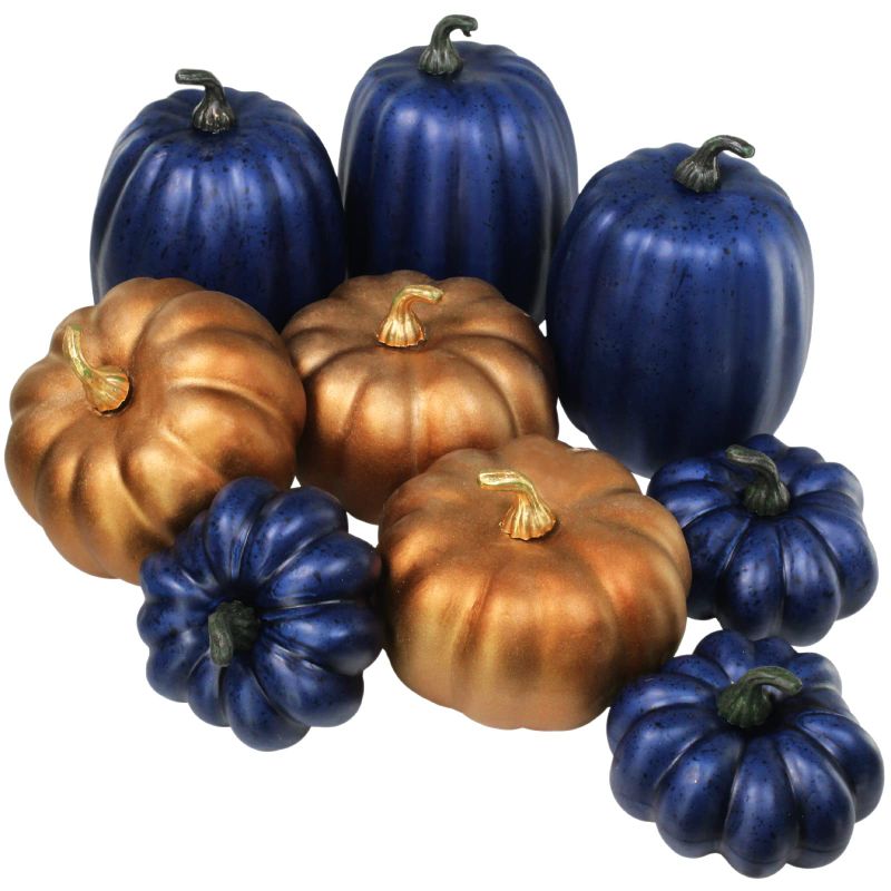 Photo 1 of 9 Pcs Assorted Mini Artificial Navy Blue and Bronze Pumpkins Rustic Decorative Pumpkins Faux Foam Pumpkins for Fall Autumn Halloween Thanksgiving Harvest Table Centerpiece Mantel Decor Bowl Fillers