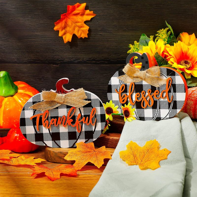 Photo 1 of 2 Pieces Thanksgiving Pumpkin Table Centerpiece Sign Thankful Letters Table Signs Blessed Wood Table Centerpiece Decor Thanksgiving Pumpkin Tier Tray Decor for Autumn Thanksgiving Harvest Decor
