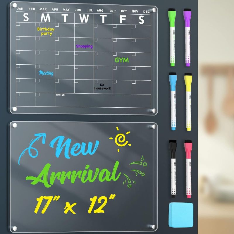 Photo 1 of Magnetic Calendar for Fridge, Acrylic Dry Erase Calendar Board, 2 Set Clear Magnetic Refrigerator Calendar Monthly Planner & Memo, 6 Dry Erase Markers with 6 Colors(17"x12")
