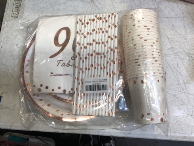 Photo 2 of 90th Birthday Rose Gold Party Plates and Napkins Set, Disposable Tableware for 24 Guests, Include 7” and 9” Paper Plates, 7 oz Cups, Napkins and Straws