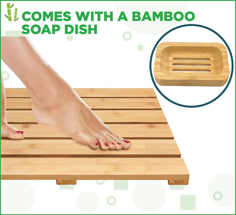 Photo 1 of  Bamboo Bath Mat Comes with Soap Dish - Non Slip Wooden Bathmat 