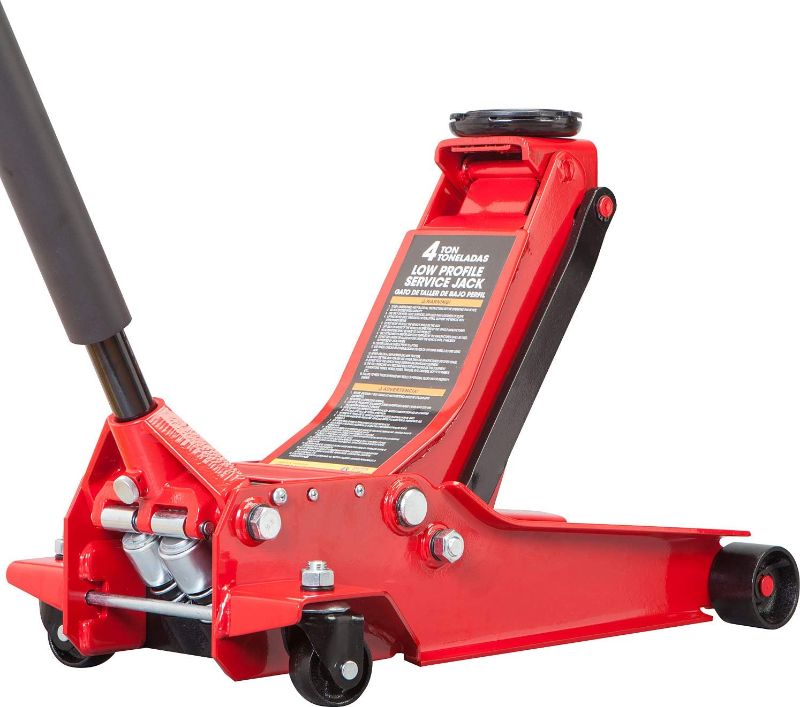 Photo 1 of BIG RED AT84007R Torin Hydraulic Low Profile Service/Floor Jack with Dual Piston Quick Lift Pump, 4 Ton Capacity, Red & T43002A Torin Steel Jack Stands: Double Locking, 3 Ton Capacity, Red, 1 Pair Jack 