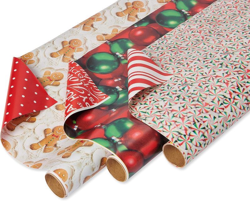 Photo 1 of American Greetings (3-Rolls, Reversible Christmas Wrapping Paper, Men, (3 Pack, 120 sq. ft (Pack of 3), Gingerbread, Ornaments and Peppermints