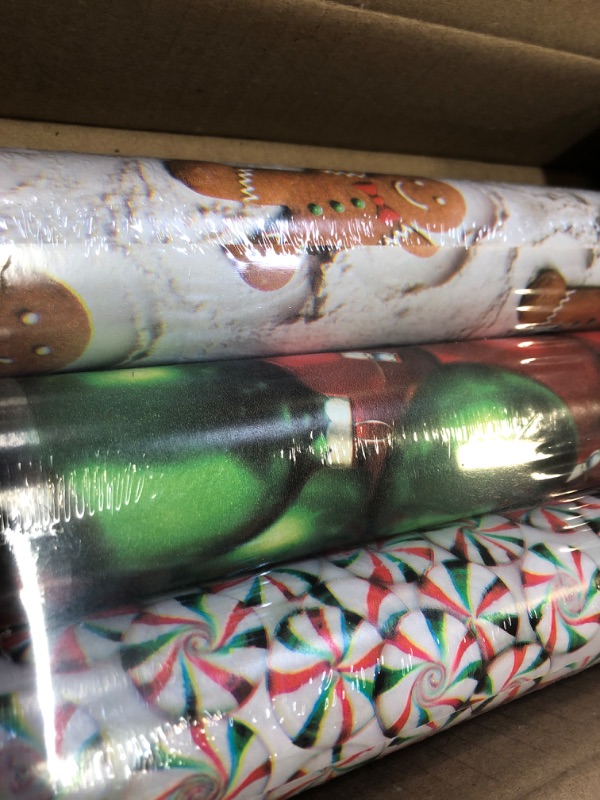 Photo 2 of American Greetings (3-Rolls, Reversible Christmas Wrapping Paper, Men, (3 Pack, 120 sq. ft (Pack of 3), Gingerbread, Ornaments and Peppermints