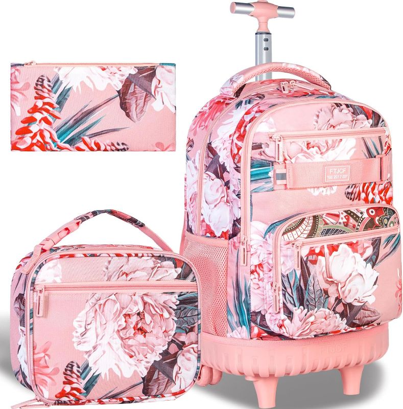 Photo 1 of 3PCS Rolling Backpack for Girls Women, 19 Inche Adults Roller Bag with Wheels, Flower Wheeled Bookbag with Lunch Box(Pink)
