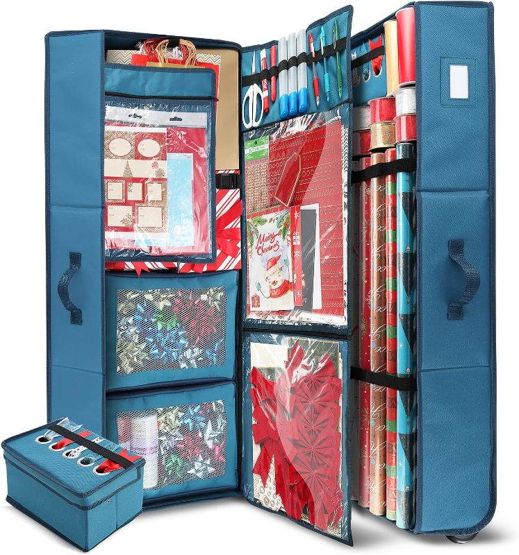 Photo 1 of  Holiday Storage with Extra 2 PC of Christmas Storage Bins and Ribbon Storage Organizer - Fade Resistant Wrapping Paper Storage Containers with Wheels Fits Up to 30 Rolls of 