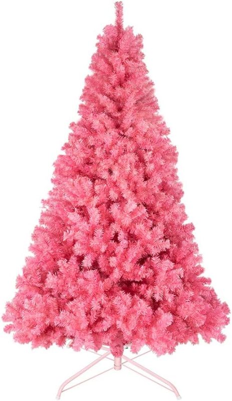 Photo 1 of 6FT 1,300 Tips Artificial Christmas Pine Tree Holiday Decoration with Metal Stand Easy Assembly for Outdoor and Indoor Decor Black pink 6ft