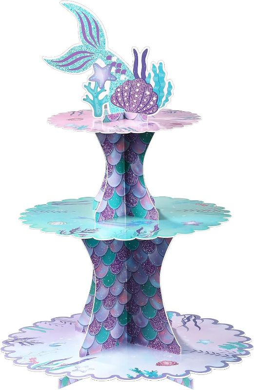 Photo 1 of Mermaid Cake Stand 3 Tier Mermaid Party Supplies Mermaid Tail Cupcake Stand for Girls Underwater Theme Party Little Mermaid Baby Shower Birthday
