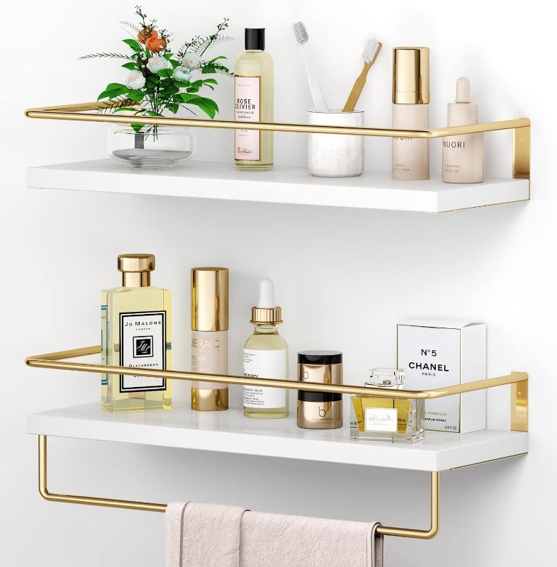 Photo 1 of Onlysky White Floating Shelves with Golden Towel Rack - Set of 2 Wall Mounted Hanging Bathroom Shelves, Decorative Shelves for Stylish Storage in Bathroom, Kitchen, Living Room & Bedroom
