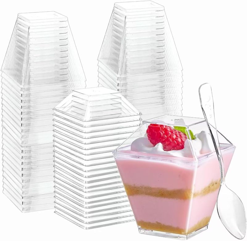 Photo 1 of 100 Pack 2 oz Mini Square Dessert Cups with Lids and Spoons