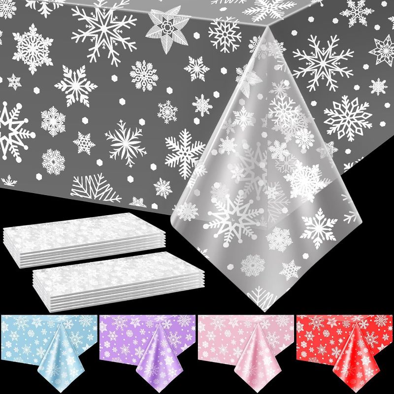 Photo 1 of 12 Pieces Clear Snowflake Plastic Tablecloth Waterproof Winter Christmas Wonderland Party Decorations Oil Proof Table Cover Clothes for Holiday Xmas Birthday Supplies, 51.2 x 86.6 inches
