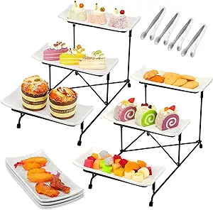 Photo 1 of 2 Set 3 Tier Serving Stand with 9 Platters 4 Serving Tongs Set Collapsible Metal Tiered Tray Porcelain Food Plates for Dessert Cupcake Display Entertaining Fruit Party (Black)
