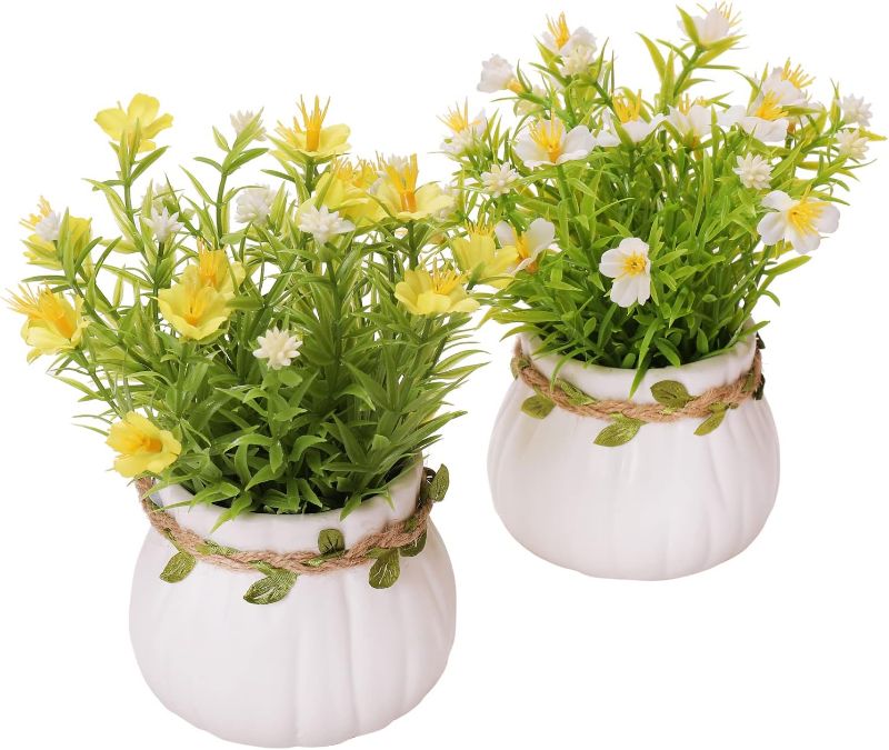Photo 1 of Artificial Flowers, Daisy Flower with Vase Silky Artificial Daisies Bouquet Fake Plant Bonsai for Home Office Wedding Decoration, Table Centerpieces Arrangement, Windowsill Décor, Yellow Daisy

