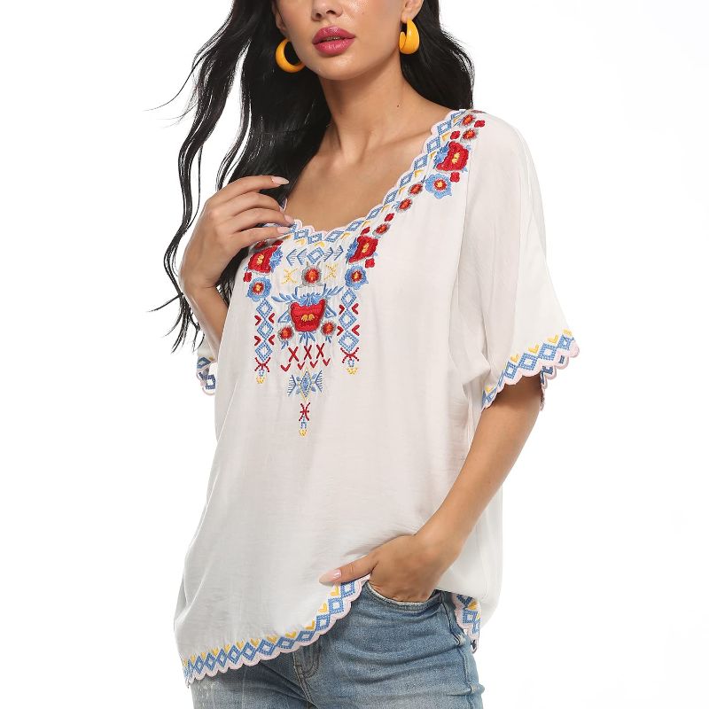 Photo 1 of gosiea Women's Summer Embroidery Mexican Bohemian Cotton Tops Shirt Tunic Blouses (S, White-197)