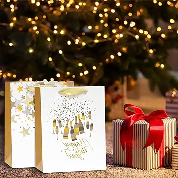 Photo 1 of  Christmas Metallic Gold Silver Gift Bags with Handle Silver Foil Gift Bags with 6 Designs for Winter Holiday Favors Goody Bags Xmas Presents Classrooms Wrapping Stocking Stuffers