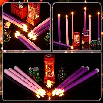 Photo 1 of  Flameless Taper Candles  Battery Operated Taper Candles LED Advent Wreath Candles for Christmas Flickering Purple and Pink Taper Candles Faux Wax Candle for Wedding Holiday Party