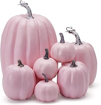 Photo 1 of 7Pcs Artificial Pumpkins of all Styles Halloween Decoration Rural Style Farmhouse Foam Pumpkin Harvest Season Thanksgiving Day is Suitable for Table top House Dining Table Party Decoration (Pink)