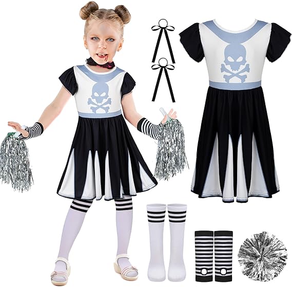 Photo 1 of   size XL Mepase 7 Pcs Halloween Cheerleader Costume Zombie Cheerleader Dress Pom Poms Hair Bows Gloves Striped Socks for Women Girls