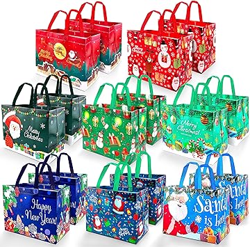 Photo 1 of algpty 16 Pack Christmas Tote Bags, Christmas Gift Bags with Handles, 12.8"×9.8"×6.7" Christmas Xmas Gift Bags Non-Woven Large Christmas Treat Bags for Christmas Party Supplies Christmas Gifts Wrapping