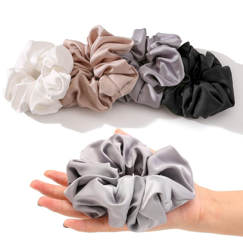 Photo 1 of 
4PCS Large Satin Silk Scrunchies for Women - Big Glossy Scrunchie for Thick Hair Girl Hair Ties Ponytail Holders Jumbo Scrunchies (Black White Silver Champagne)