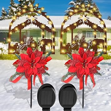 Photo 1 of 2 Pcs Solar Christmas Yard Decorations,Outdoor LED Solar Powered Christmas Pathway Lights,Nativity Scene Metal Stake Lights for Outdoor Garden Lawn Pathway Christmas Decorations(Red)