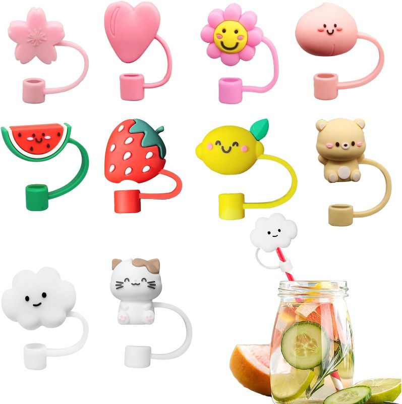 Photo 1 of 10PCS Straw Covers, Cute Silicone Cloud Straw Covers Cap, Strawberry Watermelon Sunflower Reusable Straw Toppers Dust-Proof Drinking Straw Tips Covers Straw Plugs for 6-7 mm Straw Protectors
