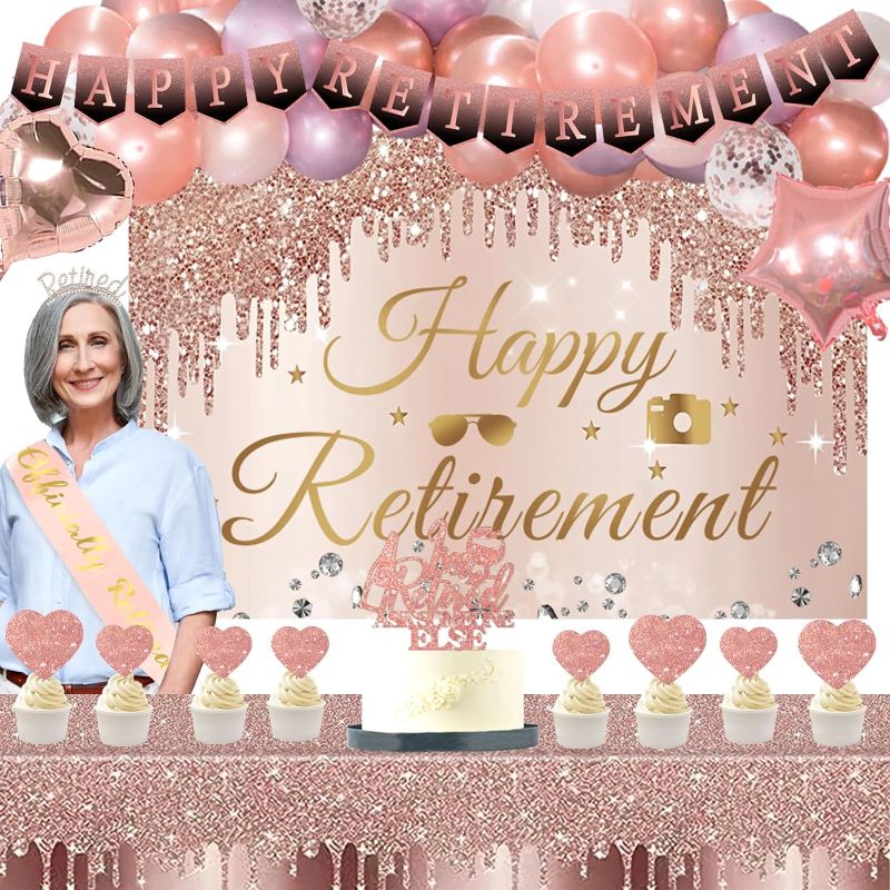 Photo 1 of 81 PCs Retirement Party Decorations for Women, Hombae Rose Gold Happy Retirement Decorations Backdrop Balloon Garland Banner Tablecloth Cake Cupcake Topper Officially Retired Sash Tiara
