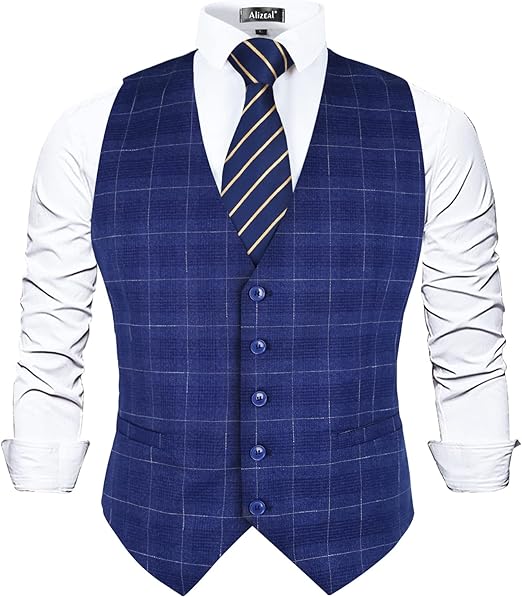 Photo 1 of Alizeal Mens 5 Buttons Business Suit Vest V-Neck Regular Fit Checked Waistcoat for Tuxedo M
