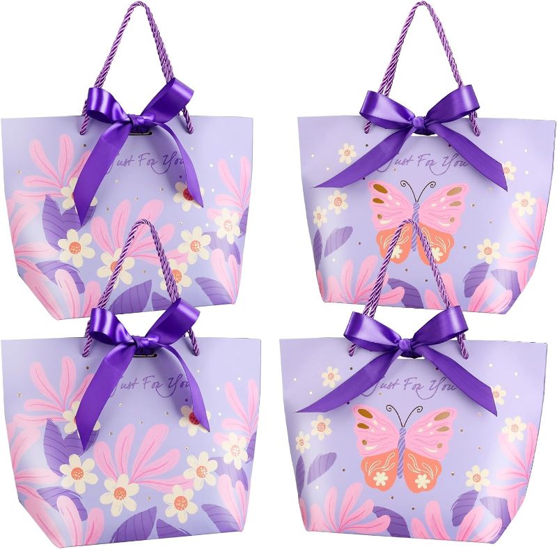 Photo 1 of Airpark 4 Pack Purple Gift Bags with Handles, Medium Party Favor Bags with Bow Ribbon for Christmas Birthday Wedding Baby Shower Holiday
