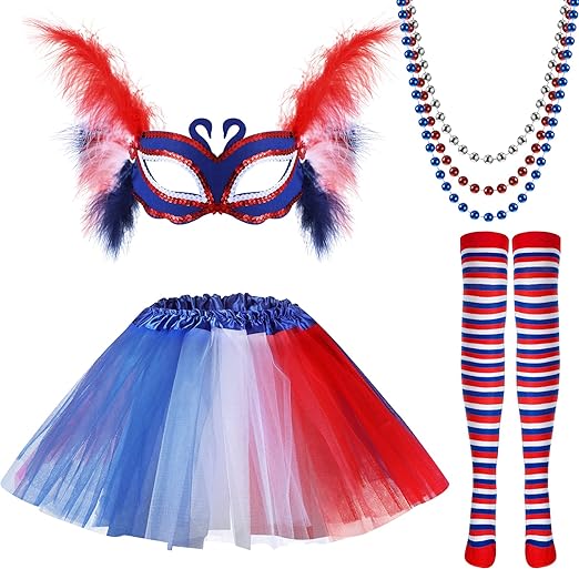 Photo 1 of 6 Pcs 80s Halloween Costume Accessories Set, Tutu Skirt, Faux Feather Half Mask, Necklace and Long Sock size small 