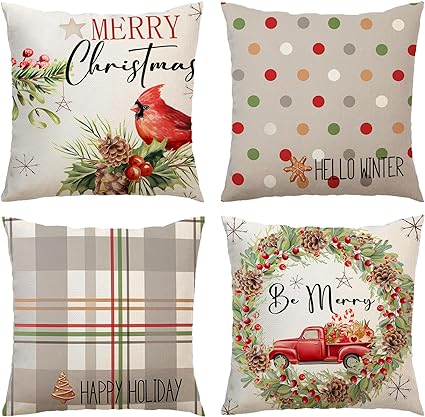 Photo 2 of 18INDC 11 Style 18 * 18 inch Christmas Throw Pillow Cover Set of 4, Christmas Decoration Linen Printed with Christmas Wreaths and Cars, for Bedroom Living Room Holiday Decoration