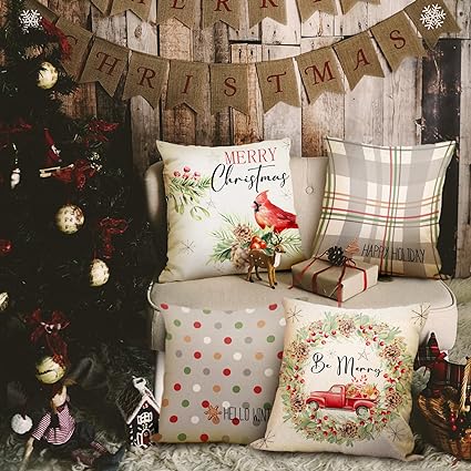 Photo 1 of 18INDC 11 Style 18 * 18 inch Christmas Throw Pillow Cover Set of 4, Christmas Decoration Linen Printed with Christmas Wreaths and Cars, for Bedroom Living Room Holiday Decoration