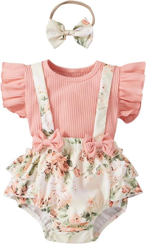 Photo 1 of Summer Newborn Baby Girl Clothes Flare Sleeve T-Shirt Tees+Suspender Ruffles Shorts Outfit Set+Headband   18 months 