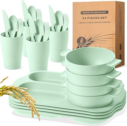 Photo 1 of 24 Pcs Wheat Straw Dinnerware Cutlery Set Including Kids Toddlers Divided Plates Microwave Dishwasher Safe Bowl Unbreakable Tableware Straw Cutlery Spoon Knife Fork Cup (Green)