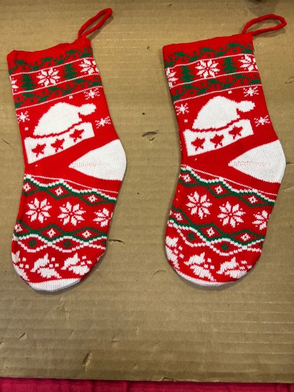Photo 1 of 2 pcs small  Red, green  & White Knit Christmas Stockings, Christmas Decorations - 17" Long