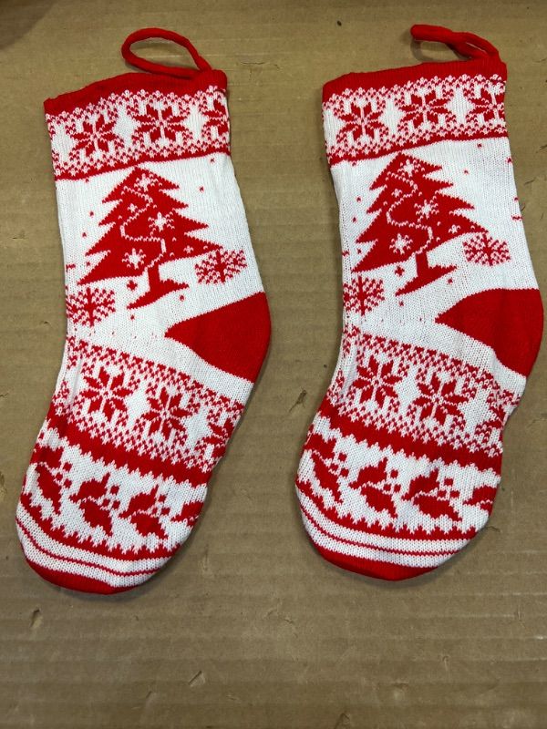 Photo 1 of 2 pcs small  Red  & White Knit Christmas Stockings, Christmas Decorations - 17" Long
