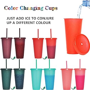 Photo 1 of  Color Changing Plastic Tumblers with Lids and Straws Reusable Cups with Lids Plastic Colorful Cups for Parties Birthdays Iced Coffee Cups Travel Mug Cold Drink Cups Bulk Tumblers (24 oz)