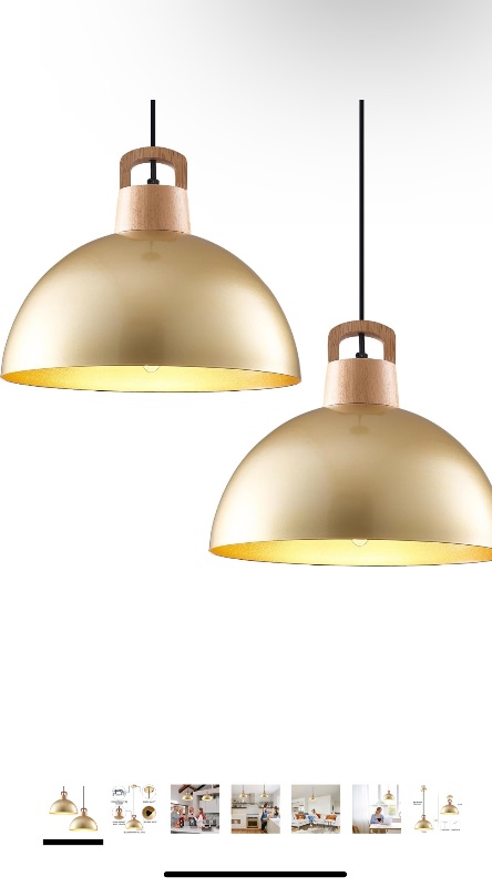 Photo 1 of  Gold Industrial Pendant Light 11.8inches 2 Packs,Wood Hanging Light Fixtures for Kitchen Island,Metal Dome Pendant Light,Ceiling Light Fixtures for Restaurant Dining Room Aisle