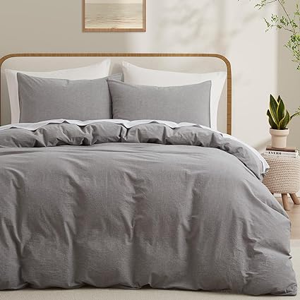 Photo 1 of  Washed Cotton Duvet Cover Twin Size, Linen-Like Textured White Fade-Resistant Natural Bedding Set (No Comforter), 68x90 Inches