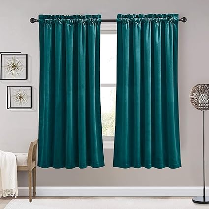 Photo 1 of RYB HOME Velvet Curtains for Bedroom - Super Soft Room Darkening Thermal Insulating Window Drapes for Home Office Living Room Dining Backdrop, W 52 x L 63 inch, Peacock Blue, 1 Pair