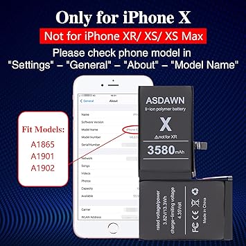 Photo 1 of ASDAWN 3580mAh Battery for iPhone X (Not for XR/XS/XS Max), Upgraded Higher Capacity iPhone X Battery Replacement for A1865 A1901 A1902 with Professional Tools + Installation Instruction
