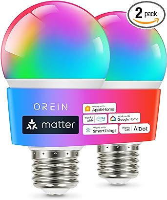 Photo 1 of OREiN Matter Smart Light Bulbs Reliable WiFi Light Bulb with Matter A19 E26 LED Color Changing Light Bulbs 9W Equi 60W 800LM CRI>90 Work with Alexa/Google Home/Apple Home/SmartThings/Siri 2Pack
